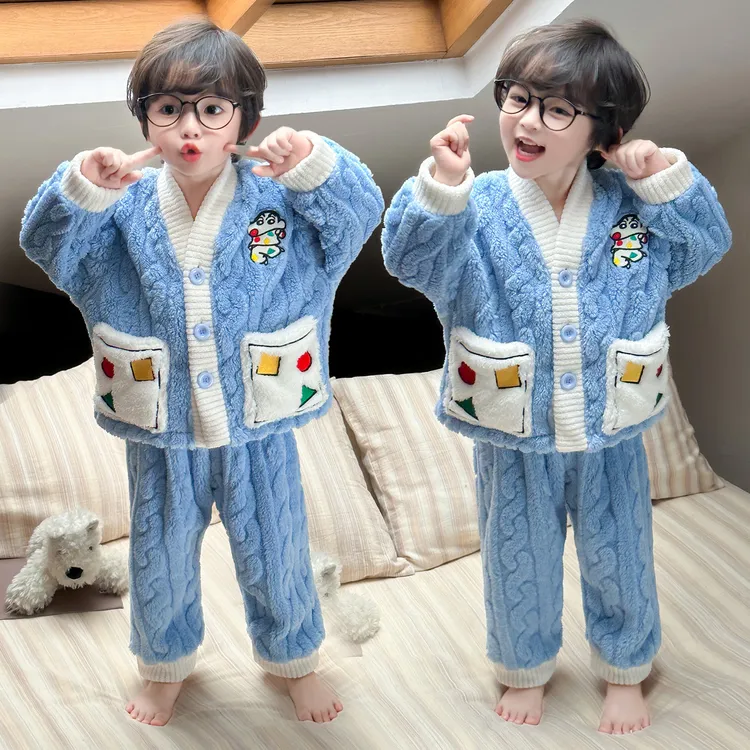 儿童睡衣秋冬季珊瑚绒加厚男宝宝可爱小新睡衣家居服2025新套装男