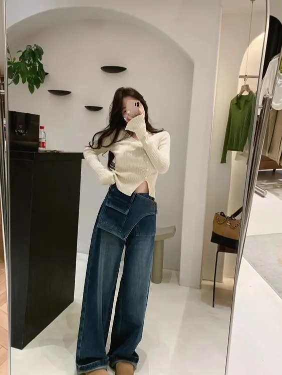 韩系慵懒高级感长袖t恤针织衫打底衫修身上衣百搭牛仔阔腿长裤子