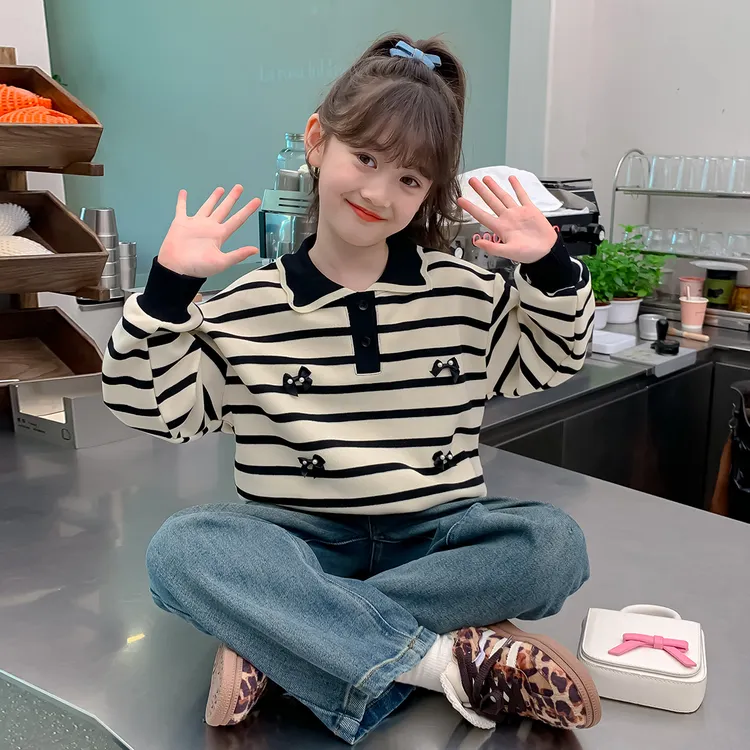 女童卫衣春秋款2025新款洋气女孩条纹秋装衣服时髦儿童polo领上衣