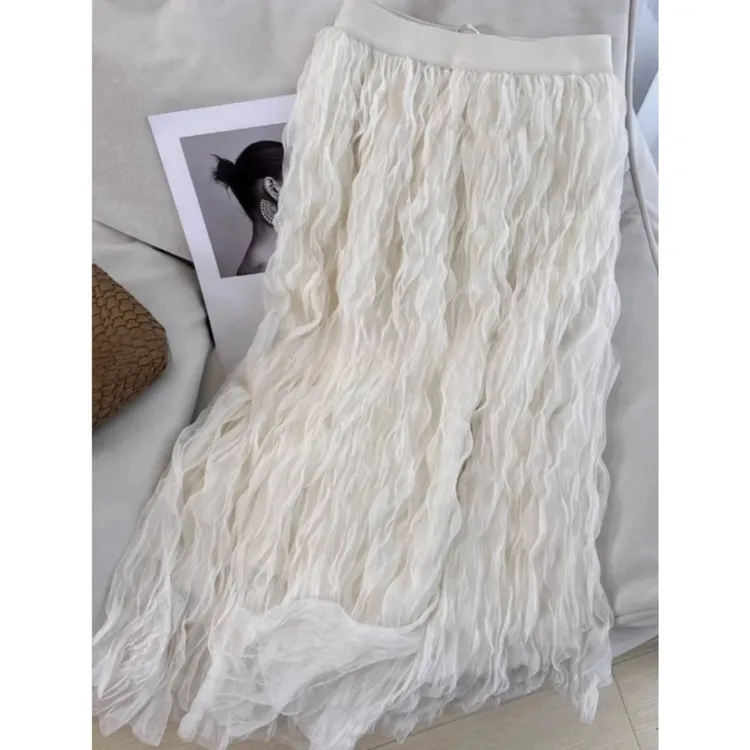 高级白色百褶蛋糕半身裙女2025春秋季新款蕾丝半裙蓬蓬网纱长裙子