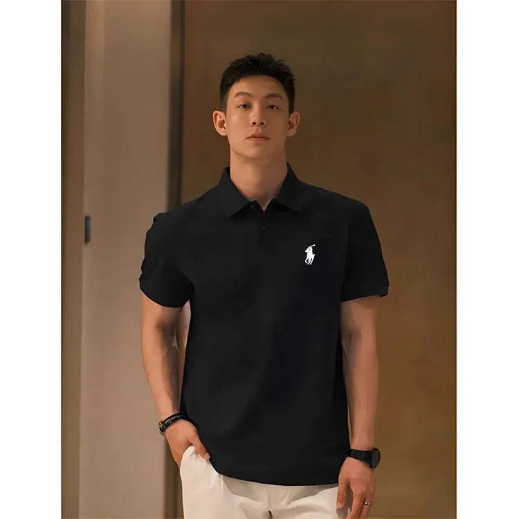 小马刺绣短袖男款polo衫夏季美式正肩翻领黑色t恤痞帅高级感半袖