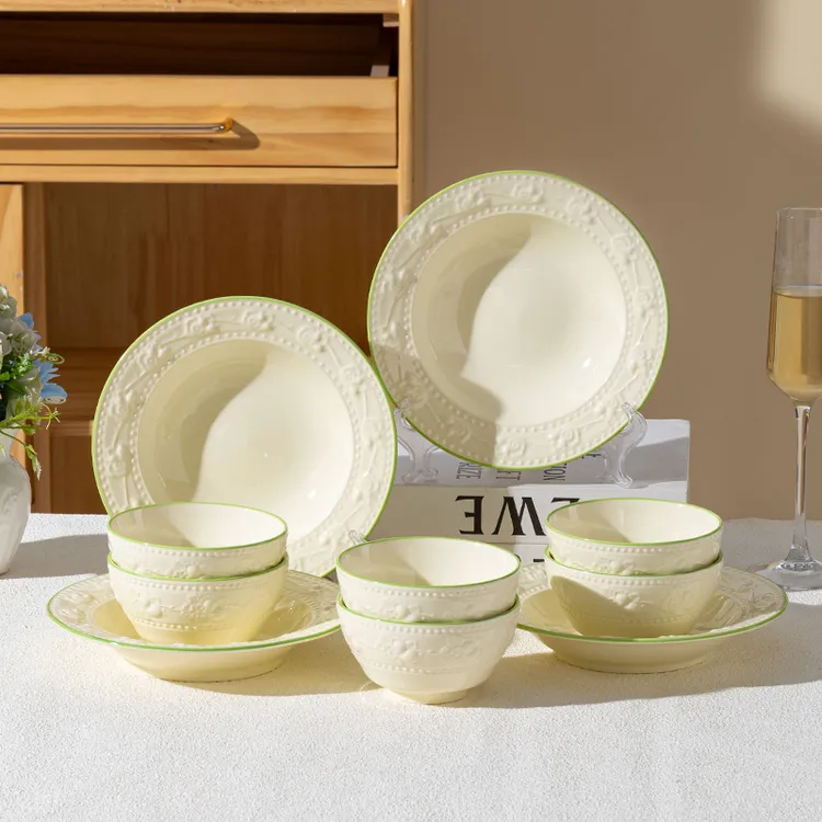 【句途】浮雕暖阳10件碗盘餐具套装饭碗炒菜盘釉下彩奶油风餐具