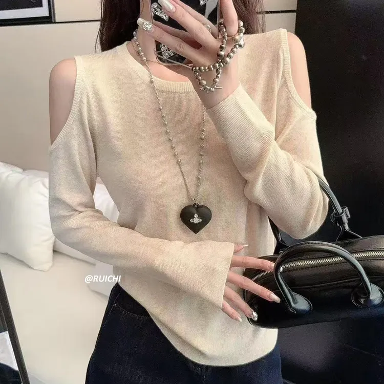 2025秋季新款圆领露肩小心机设计纯色高级简约显瘦针织衫上衣女