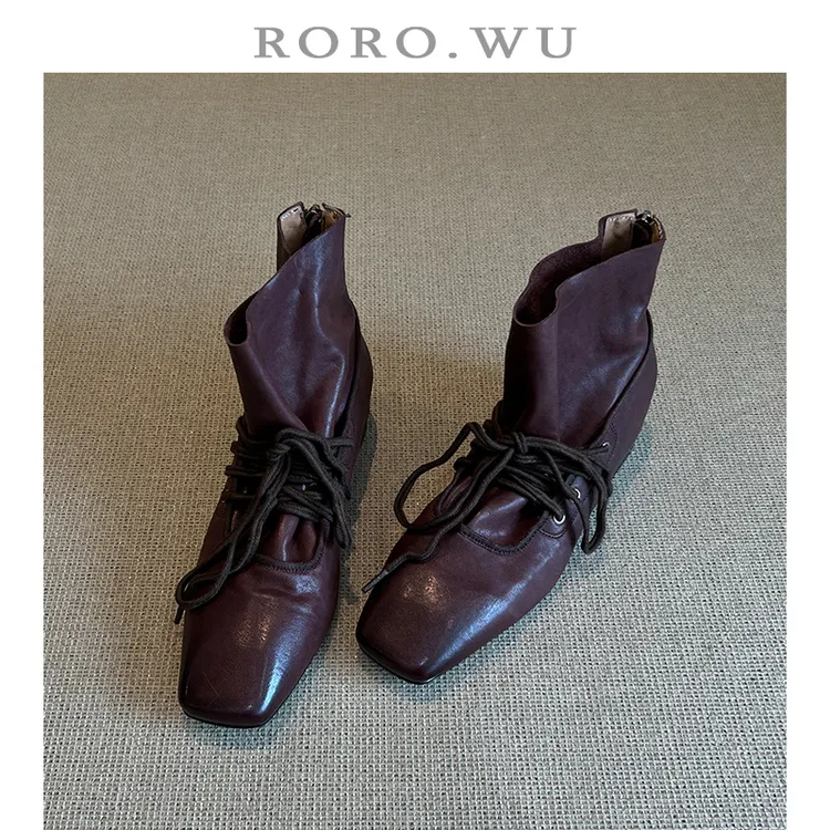 娆娆吴·水洗马皮复古时尚舒适粗跟系带短筒方头秋冬时装靴X515