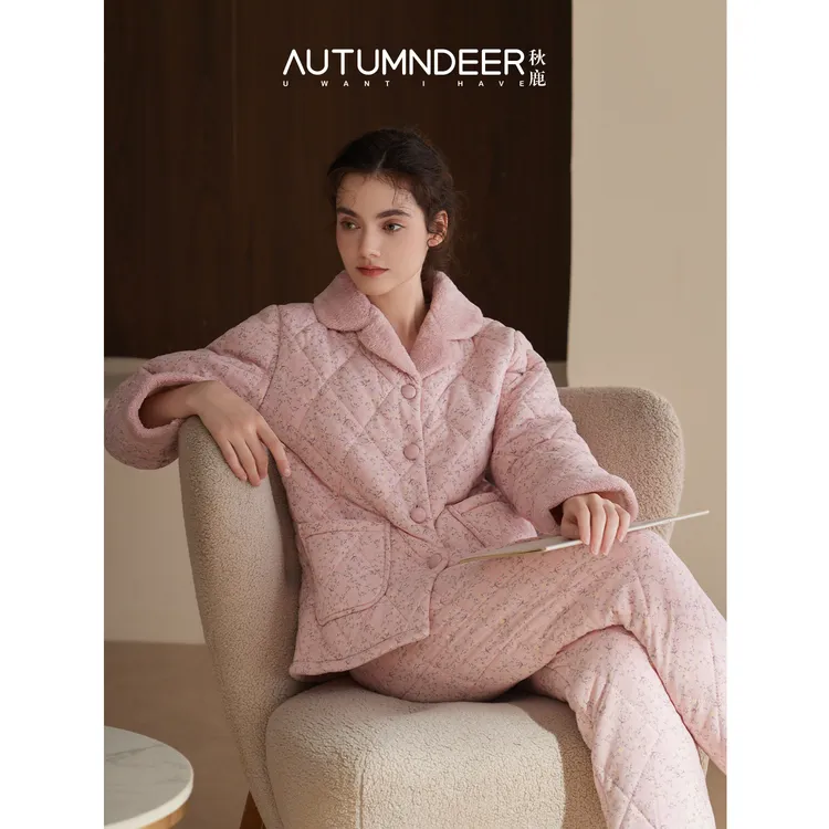 秋鹿针织印碎花夹棉国民领女套保暖冬款睡衣