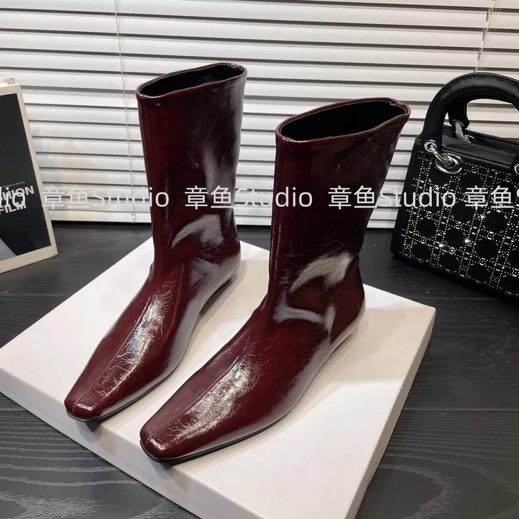 2025秋冬新款复古方头显瘦宽筒骑士靴复古百搭坡跟中筒短靴女