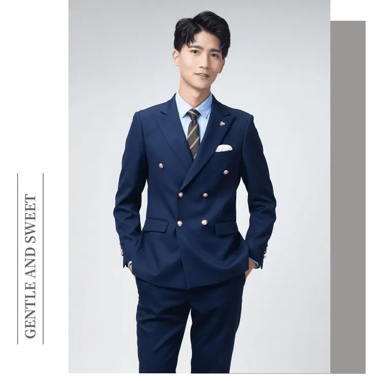 海军蓝新郎结婚礼服男士双排扣韩版西装商务休闲西服套装修身条纹