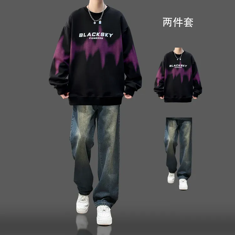 春秋季卫衣套装男一套搭配牛仔裤青少年潮流帅气休闲学生两件套潮