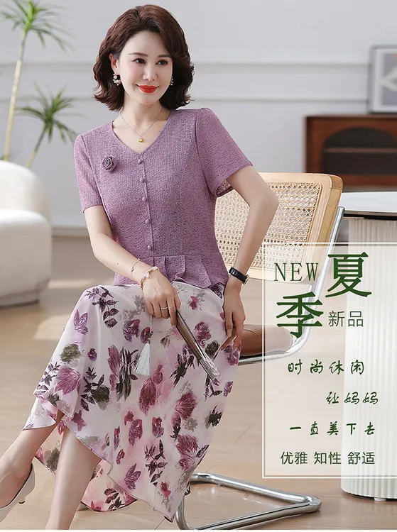 中年女性妈妈装夏季气质显瘦遮肚洋气连衣裙