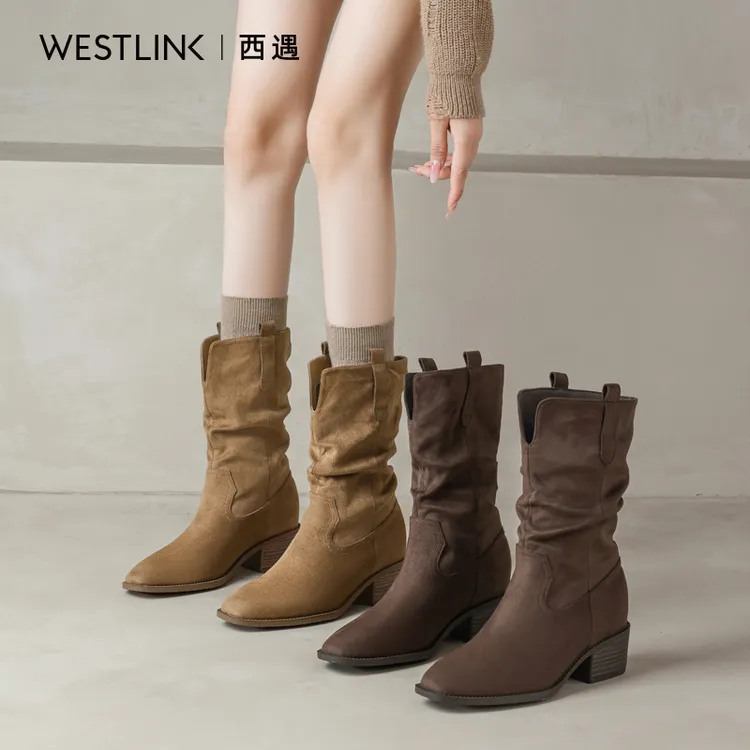 西遇中筒西部牛仔靴女2025年秋冬新款复古粗跟短靴子时尚增高女靴