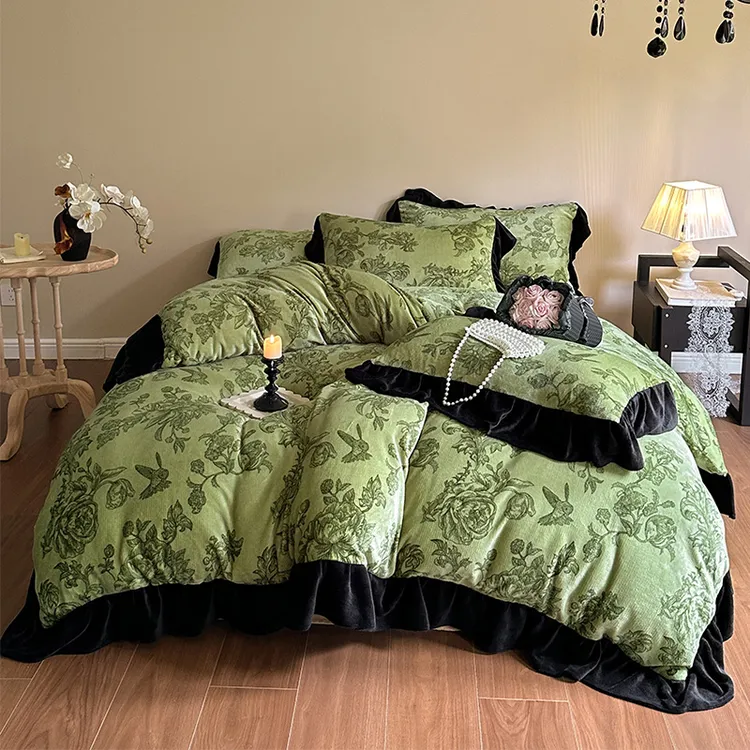 【西藏新疆包邮】韩版花边牛奶绒四件套冬季双面加厚印花加绒被套