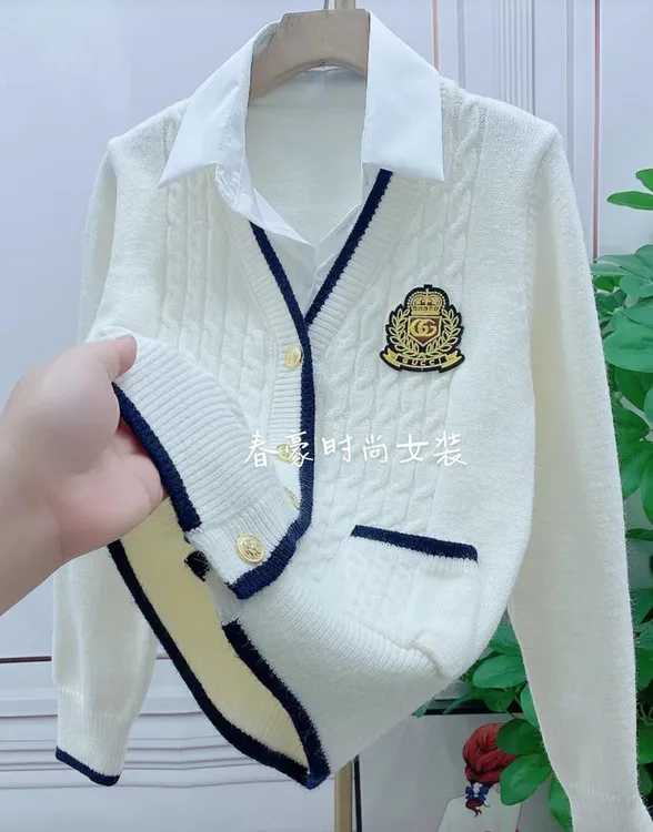 学院风时尚百搭假两件针织衫毛衣秋季外套POLO领小个子网红上衣