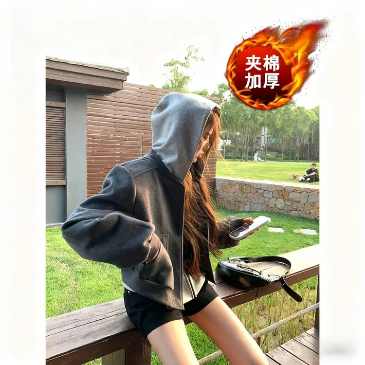 短款外套女2025年新款秋冬季加厚夹棉百搭灰色休闲设计感灰色外套