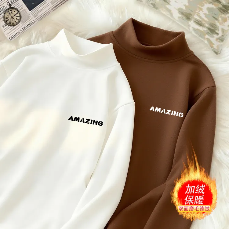 10A抗菌双面绒打底衫字母半高领绒卫衣春秋款T恤长袖帅气宽松   