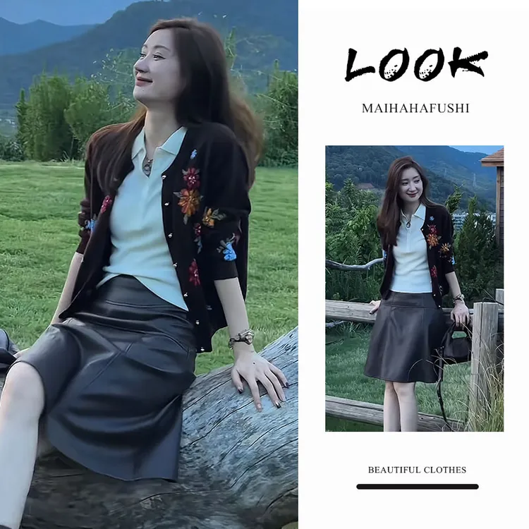 秋季一整套女装2025新款韩版复古针织开衫T恤上衣半身裙三件套装