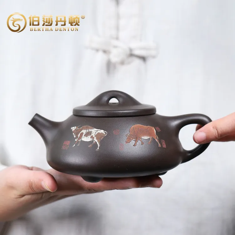 BERTHA DENTON/伯莎丹顿宜兴石黄紫砂壶五牛石瓢泡茶壶手工彩绘