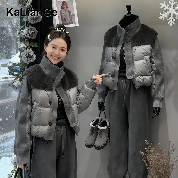 卡莲格/设计感立领拼接棉服外套女冬季高级感羽绒手塞棉保暖棉衣