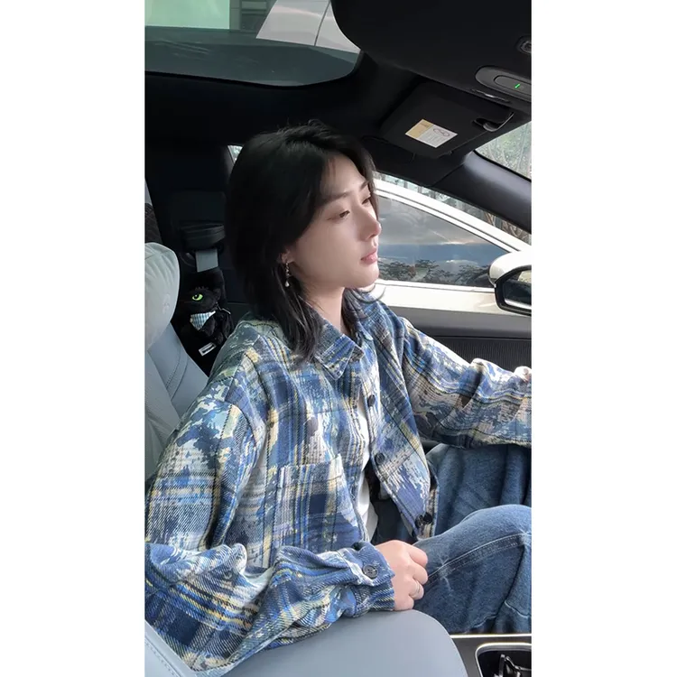 现货美式复古扎染格子衬衫男设计感百搭休闲泼墨长袖衬衣情侣外套