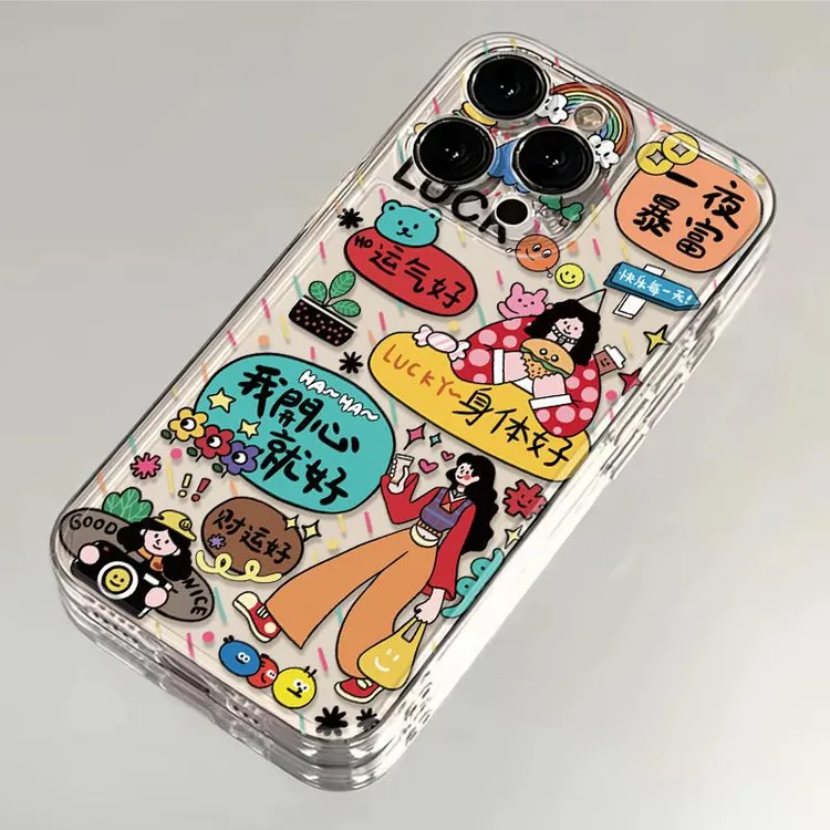 卡通运气好女孩适用iPhone16手机壳华为荣耀透明小米VIVO防摔OPPO