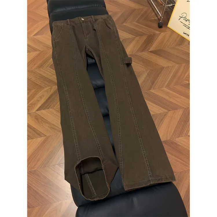 咖色斜切纯棉牛仔裤男款秋冬加绒加厚裤子美式复古vibe伐木工装裤