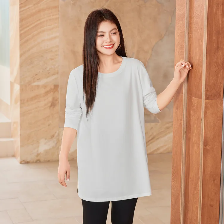 MsShe大码女装2025秋装【5A棉】纯色开叉宽松显瘦长款T恤M2508058