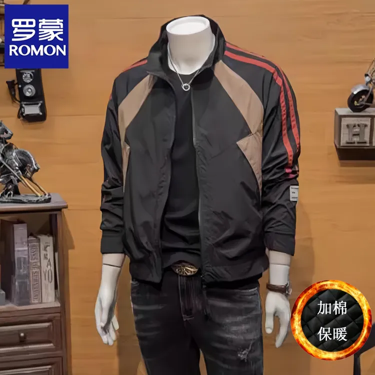 罗蒙工装外套男高端简约轻奢秋冬加棉加厚新款休闲痞帅飞行员夹克