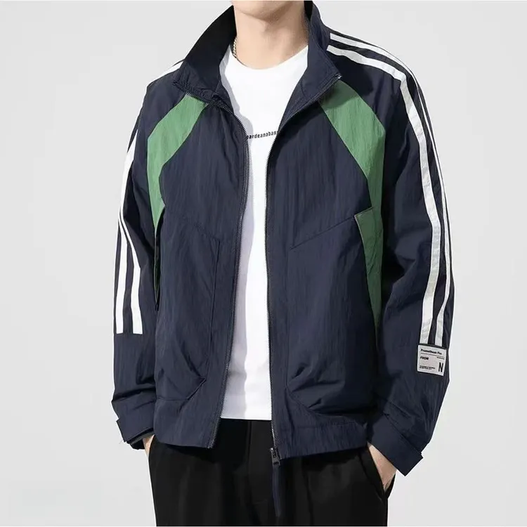 美式痞帅男装拼接外套男2025春秋新款立领休闲时尚潮流夹克上衣服