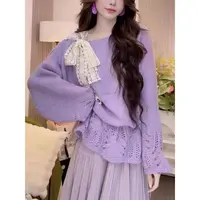 【王二小专属】镂空长袖针织衫女秋季2025新款蝴蝶结设计感减龄上衣