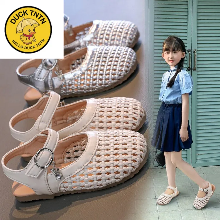 韩系女童包头凉鞋2025夏季宝宝新款编织镂空鞋软底小香风公主凉鞋