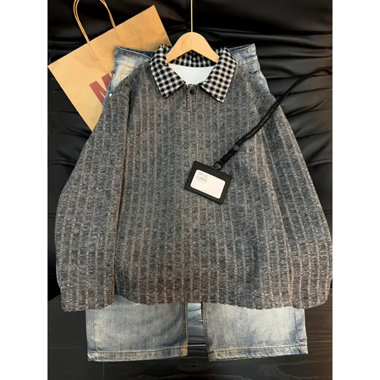 假两件条纹polo翻领打底长袖t恤男款秋冬美式复古加绒加厚卫衣