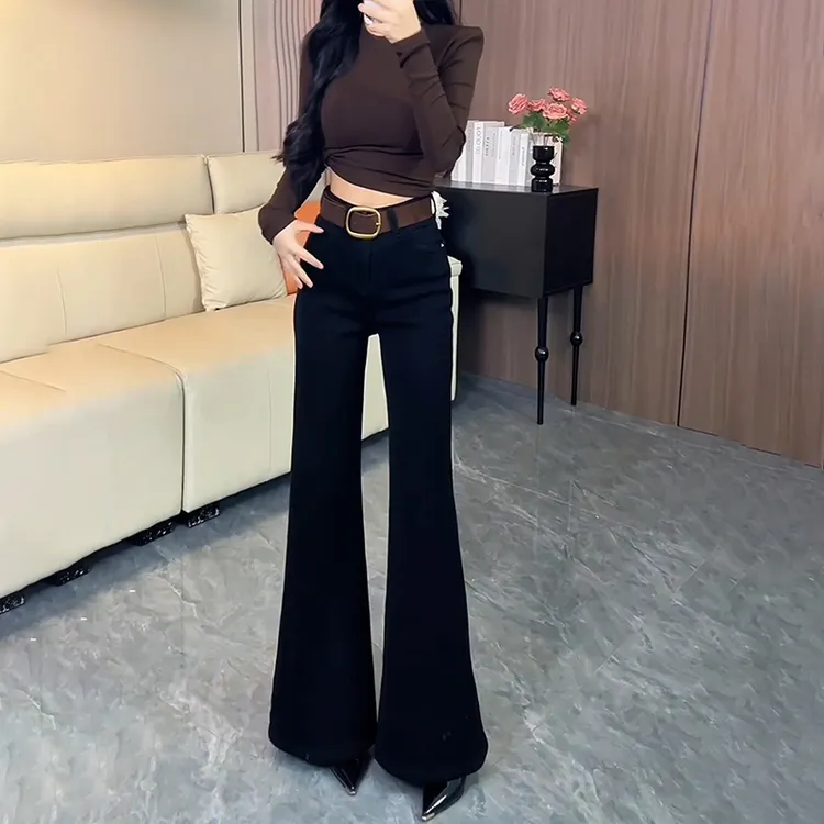 黑色加绒不贴腿微喇牛仔裤女2025冬季新款高腰辣妹显瘦阔腿拖地裤