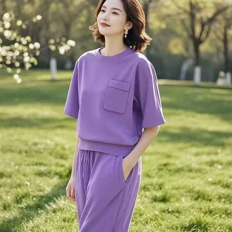 INS风风时尚套装夏季宽松紫色韩版时髦运动服套装女最新款两件套