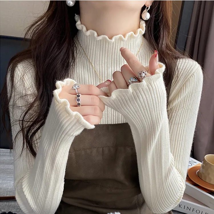 2025秋冬新款半高领打底衫女洋气纯色内搭外穿木耳边毛衣针织上衣