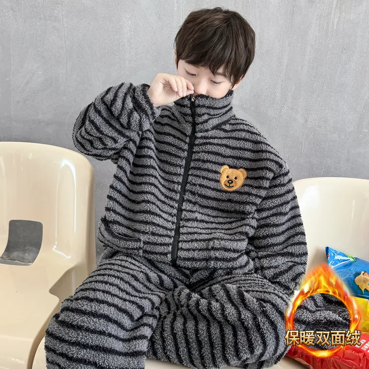 男童秋冬加厚珊瑚绒睡衣套装2025新款中大童法兰绒家居服冬季保暖