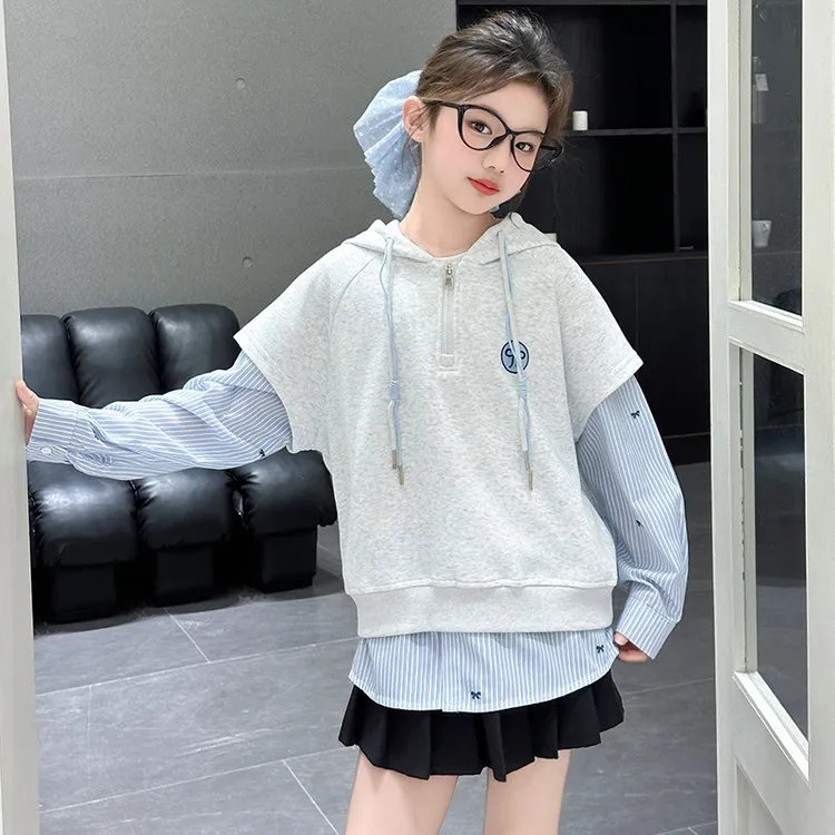 女童衬衫马甲真两件韩版春秋中大童洋气休闲时尚宽松学生潮流时髦