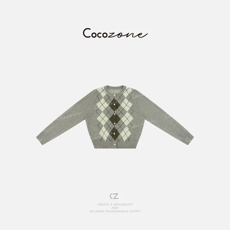 COCO ZONE 刘一一春夏季复古菱格纹圆领单排扣长袖针织衫CD1A0309