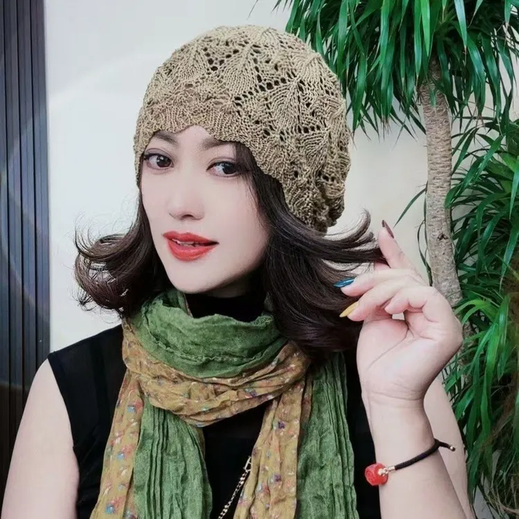 (清库存)针织镂空花边贝雷帽遮白发百搭针织薄款帽子包头帽夏季