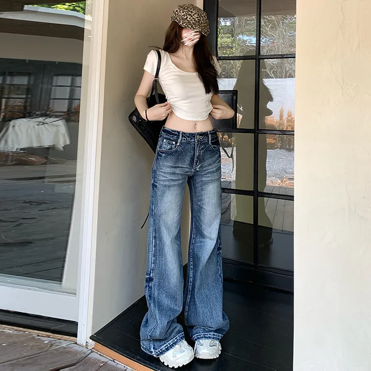小弯刀阔腿裤女初秋新款百搭工装裤子宽松显瘦休闲长裤牛仔裤高腰