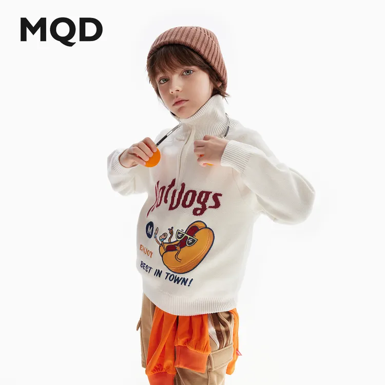 MQD童装毛衣25秋冬新款翻领撞色针织开衫复古学院风保暖9443W0703