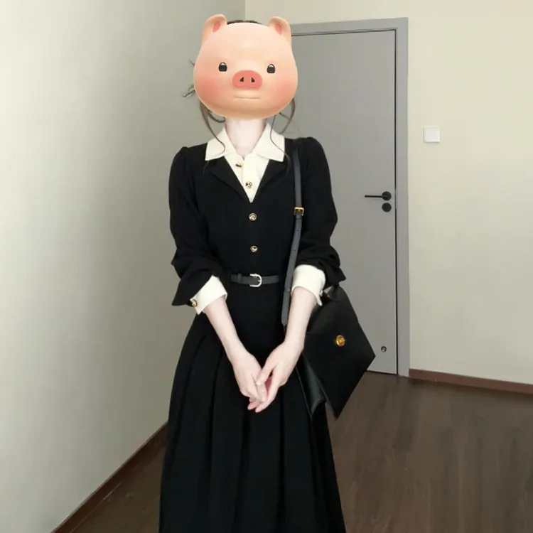 2025新款小香风黑色假两件连衣裙子女春秋季教资面试通勤气质长裙