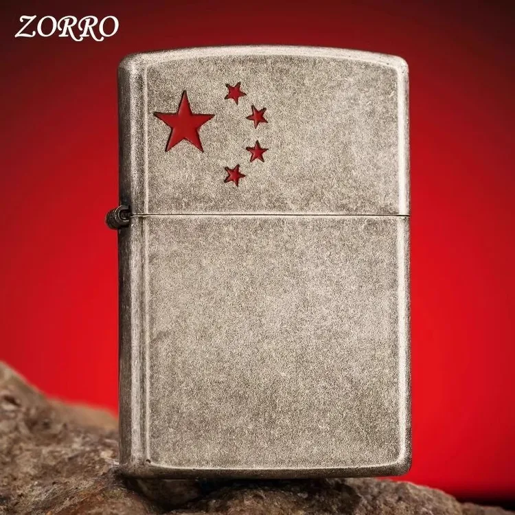 ZORRO佐罗古银红旗五角星煤油打火机防风创意男士送礼物定制刻字