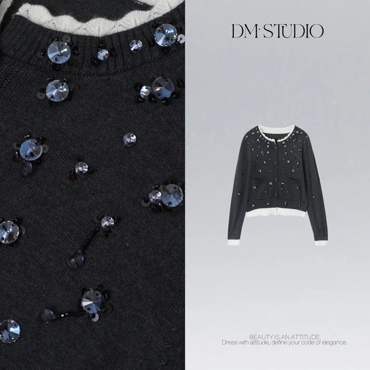 DEDM•STUDIO/精致小众静奢钉钻撞色小香针织开衫2511ZZS/125069