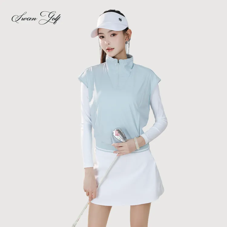 秋冬高尔夫女装立领假两件修身运动长袖拉链式纯色高弹透气球服女