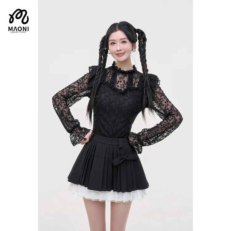 毛妮LADIESFIRST【甜雅秘语】蕾丝拼接性感收腰长袖上衣早秋L2171