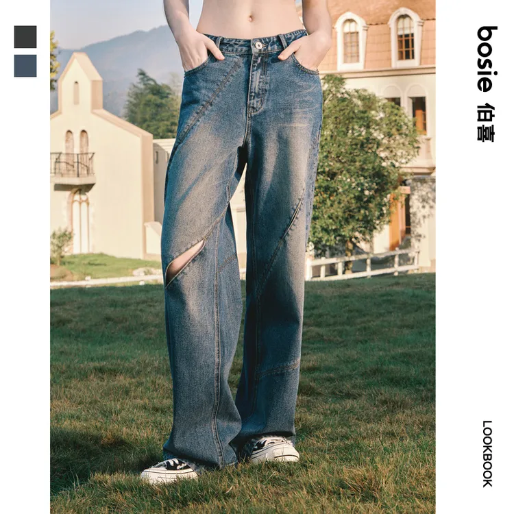 【卓沅同款】bosie2025新款复古洗水破洞牛仔裤男情侣宽松百搭裤子