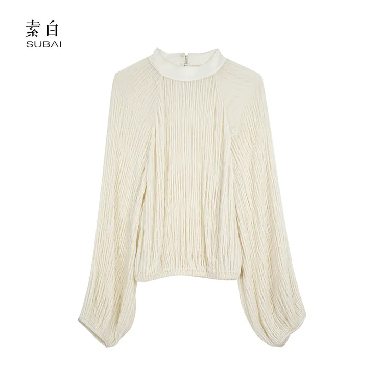 素白【佳人】M02296真丝丝绒领口拼接简约气质长袖上衣