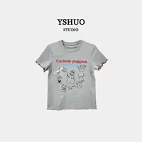 YSHUO【狗狗乐园】卡通字母韩系高级立体蝴蝶结修身正肩T恤上衣8955