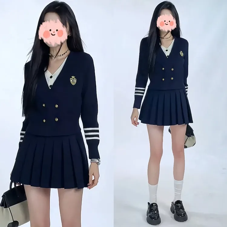 减龄时尚女装套装显瘦短裙高腰学院风百褶裙子+针织衫上衣洋气潮