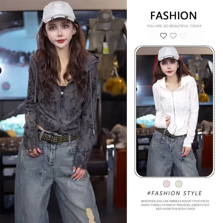 韩版时尚拉链开衫卫衣女2026春秋新款复古风破洞设计感短外套上衣