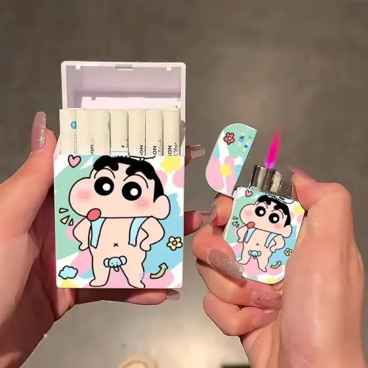 蜡笔小新烟盒打火机粉色火焰20支粗烟可爱个性潮送男友便携充气式